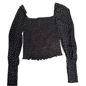 Reformation Black and White Polka Dot Long Sleeve Smocked Blouse Size XS